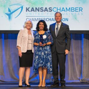 L-R: Kansas Chamber Board Chair Karma Mason, Kansas Chamber Champion Sunee Mickle, Kansas Chamber President & CEO Alan Cobb