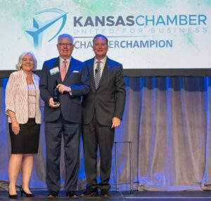 L-R: Kansas Chamber Board Chair Karma Mason, Kansas Chamber Champion Matt Hickam, Kansas Chamber President & CEO Alan Cobb